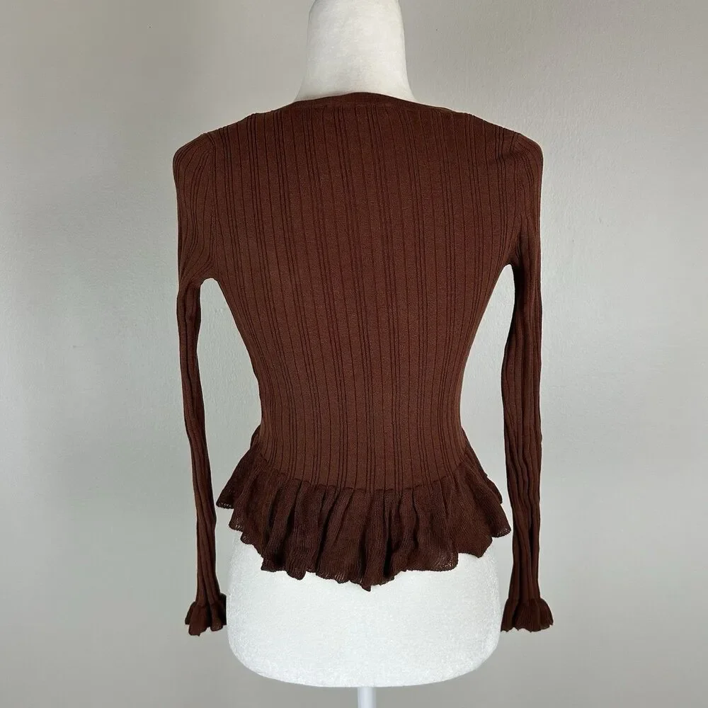 Zara S Brown Pointelle Cardigan Brown Ruffle Tie Front Top Festival Y2K Blogger